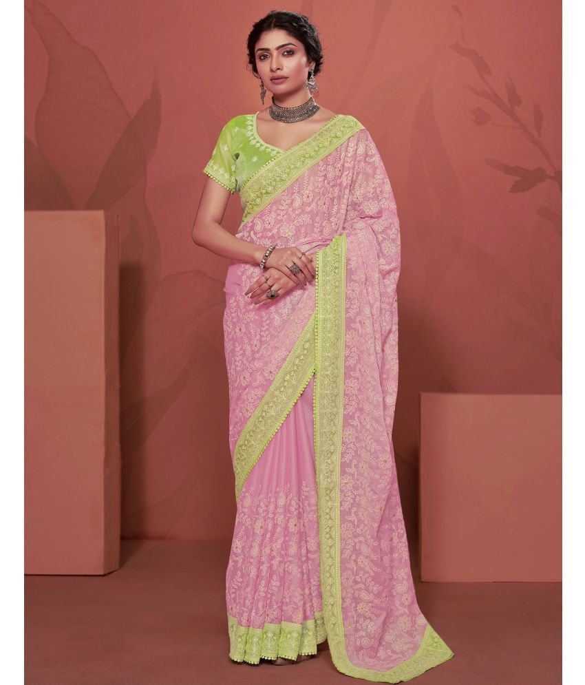     			Samah Chiffon Embroidered Saree With Blouse Piece - Pink ( Pack of 1 )