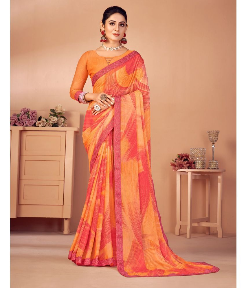     			Samah Chiffon Printed Saree With Blouse Piece - Orange ( Pack of 1 )