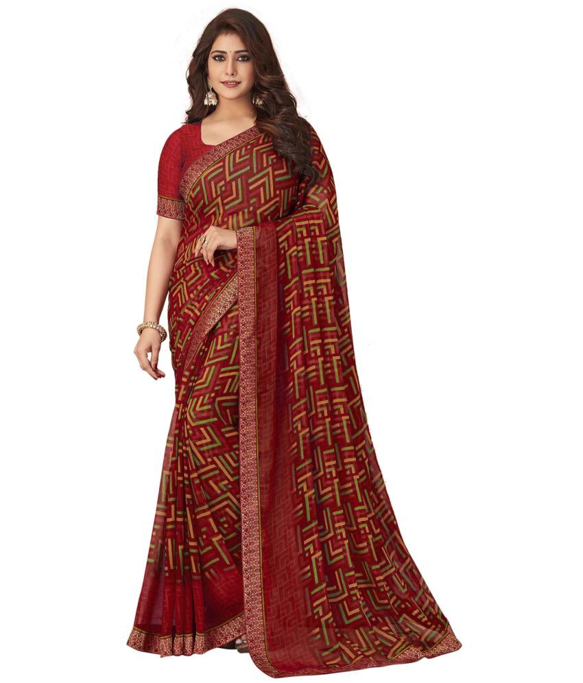     			Samah Chiffon Printed Saree With Blouse Piece - Red ( Pack of 1 )