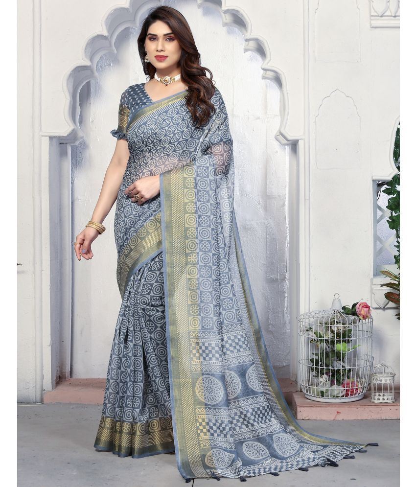     			Samah Cotton Blend Printed Saree With Blouse Piece - Grey ( Pack of 1 )