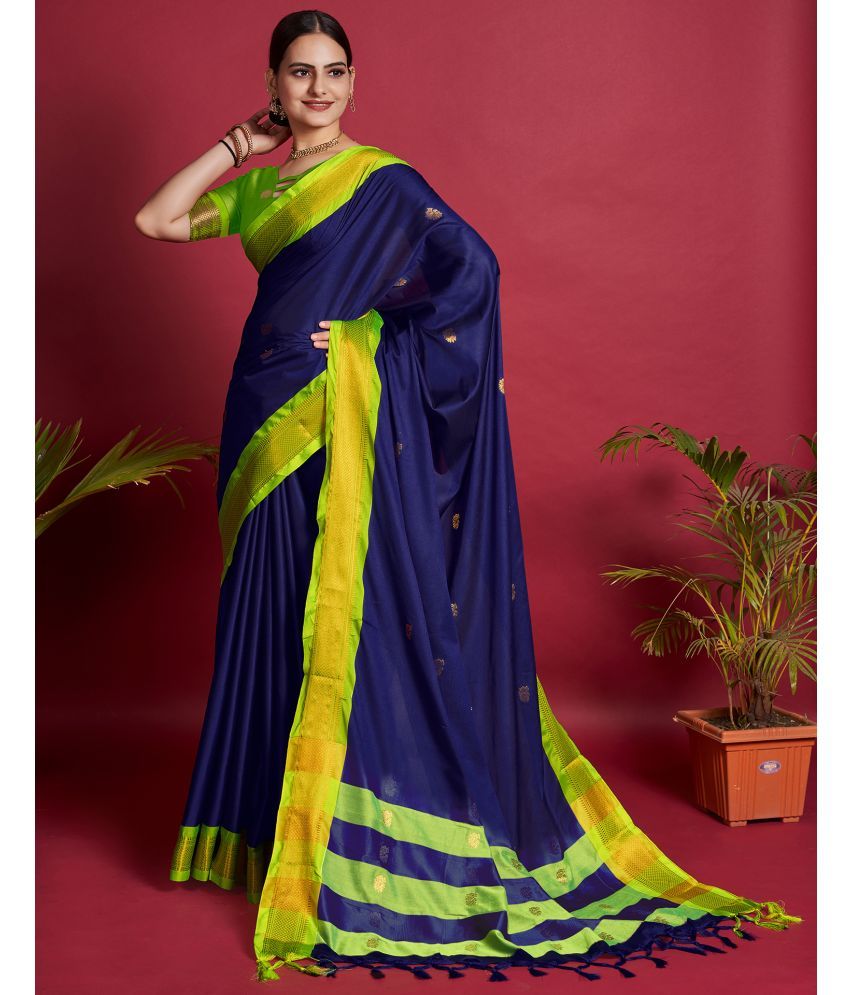     			Samah Cotton Silk Woven Saree With Blouse Piece - Blue ( Pack of 1 )