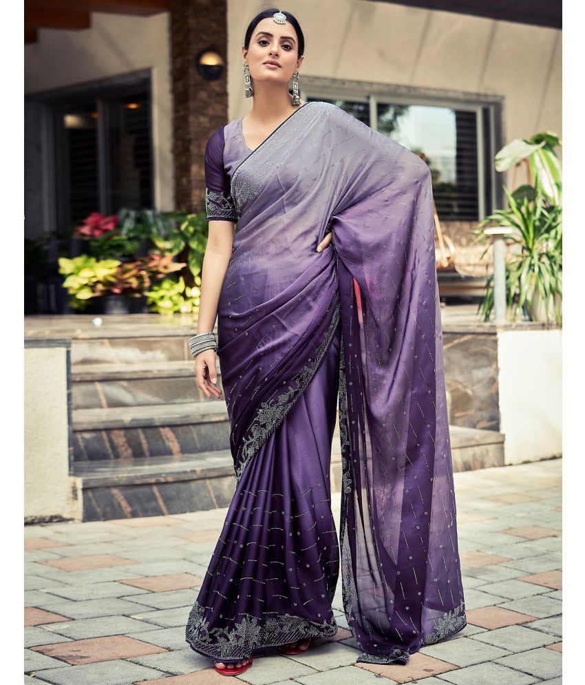     			Samah Georgette Embellished Saree With Blouse Piece - Purple ( Pack of 1 )