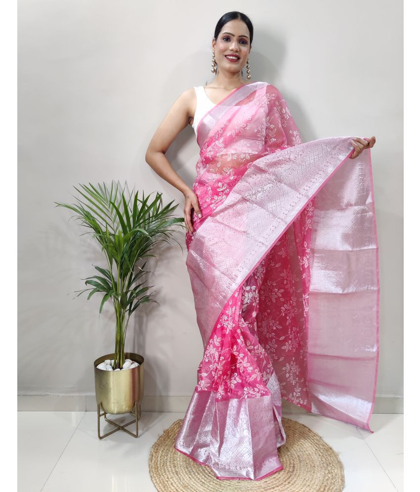     			Samah Organza Printed Saree With Blouse Piece - Pink ( Pack of 1 )