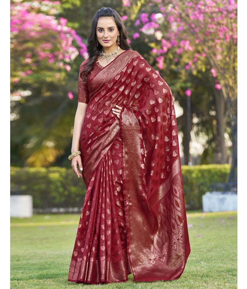    			Samah Organza Woven Saree With Blouse Piece - Red ( Pack of 1 )