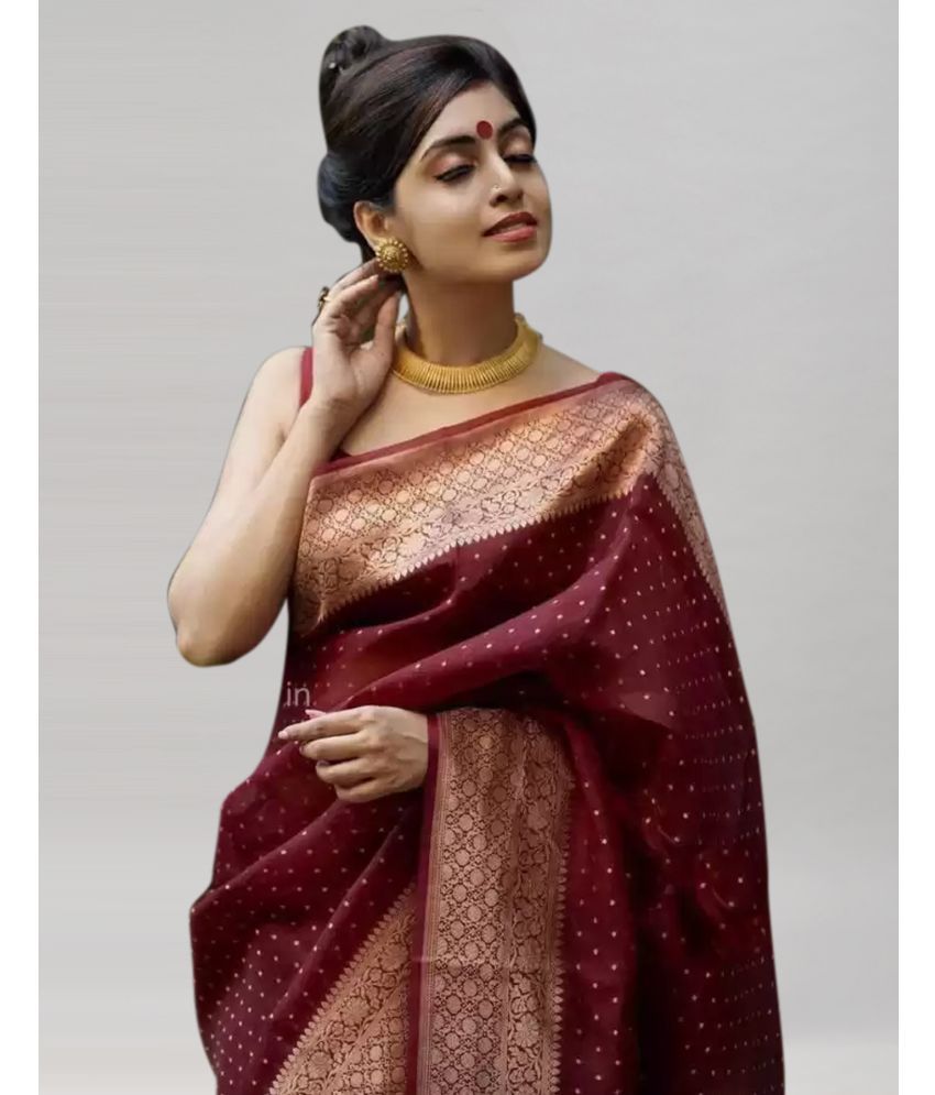     			Samah Silk Blend Woven Saree With Blouse Piece - Maroon ( Pack of 1 )