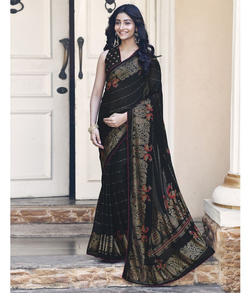     			Samah Silk Printed Saree With Blouse Piece - Black ( Pack of 1 )