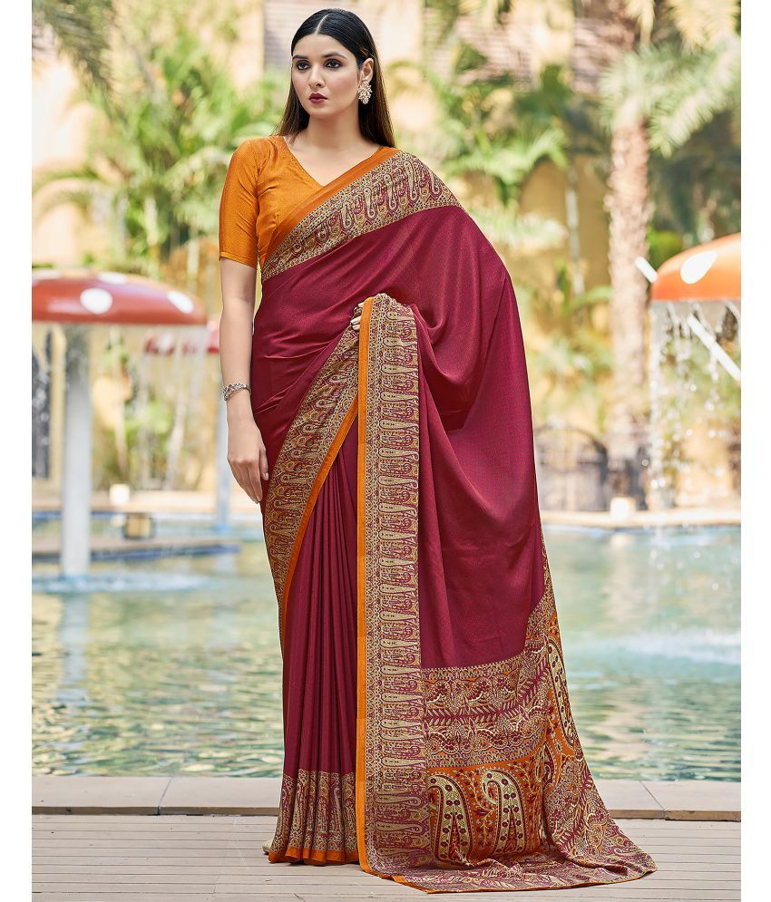     			Samah Silk Printed Saree With Blouse Piece - Maroon ( Pack of 1 )