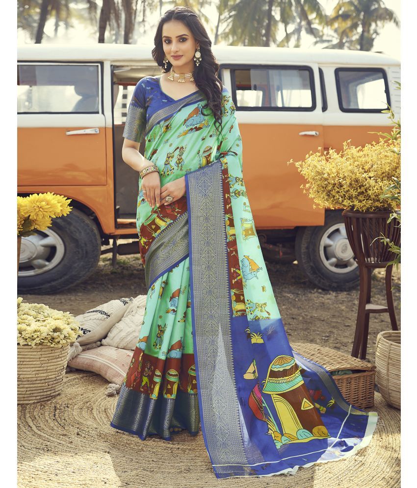     			Samah Silk Printed Saree With Blouse Piece - Turquoise ( Pack of 1 )