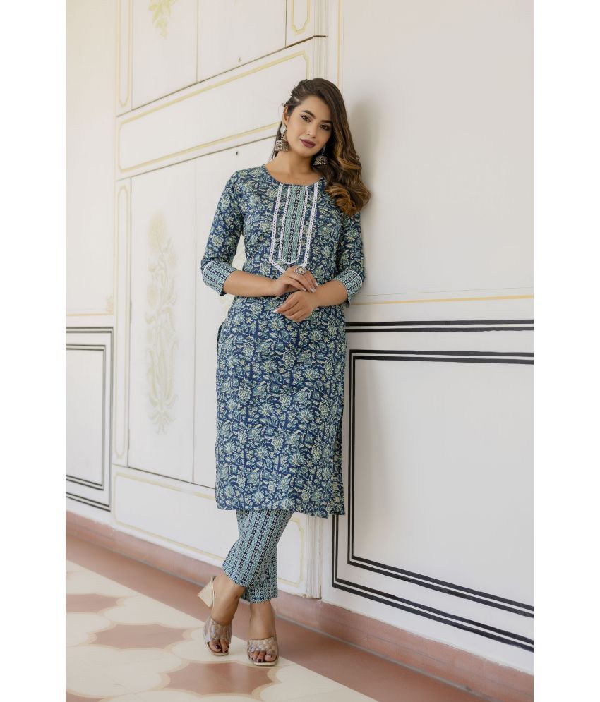     			Antaran Cotton Printed Kurti With Pants Women's Stitched Salwar Suit - Blue ( Pack of 1 )