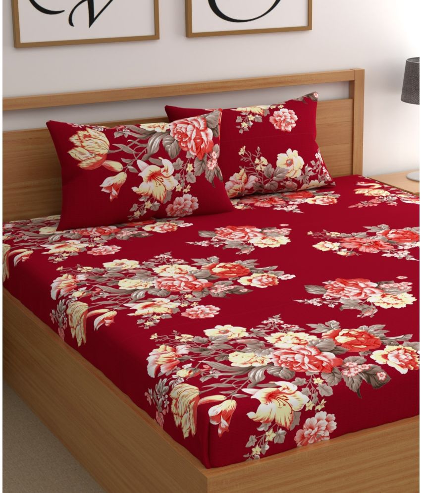     			CG HOMES Microfibre Floral Fitted Fitted bedsheet with 2 Pillow Covers ( Double Bed ) - Red