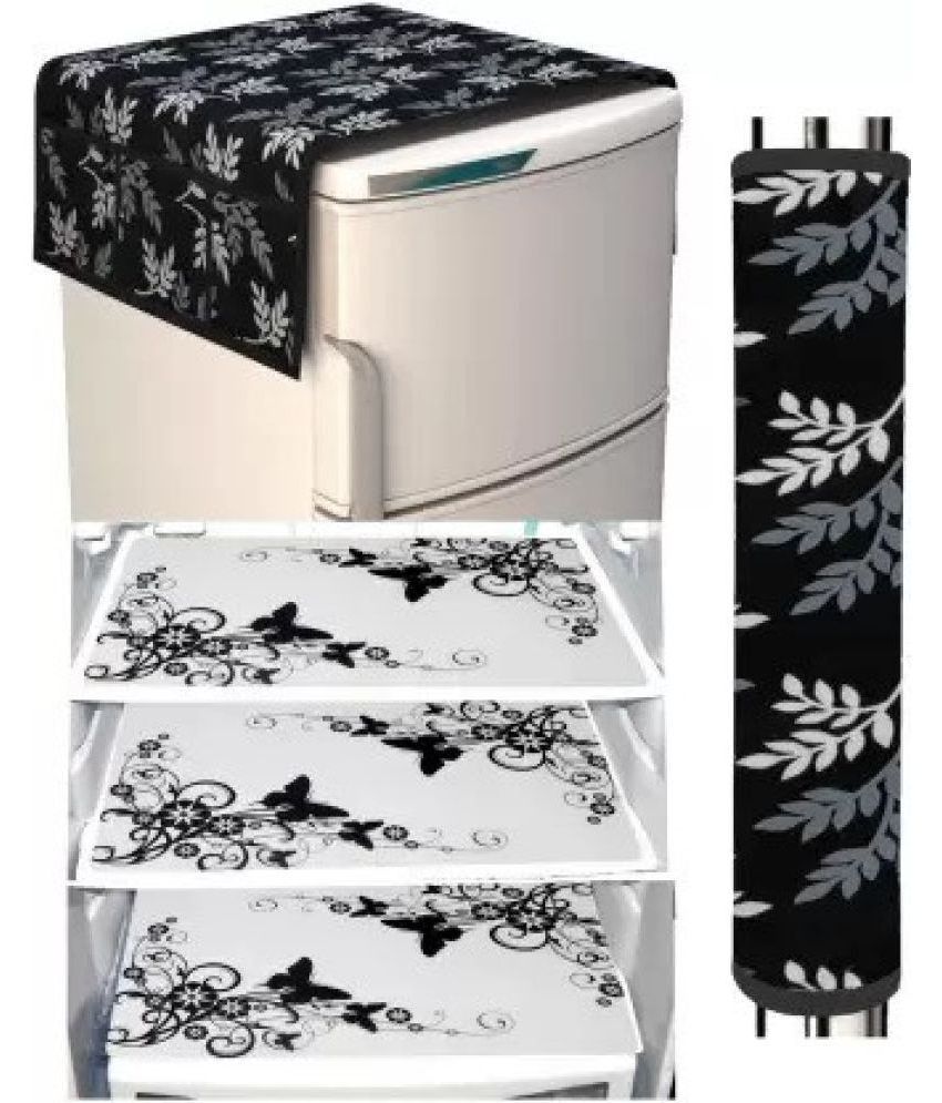     			Crosmo Polyester Floral Printed Fridge Mat & Cover ( 64 18 ) Pack of 5 - Black