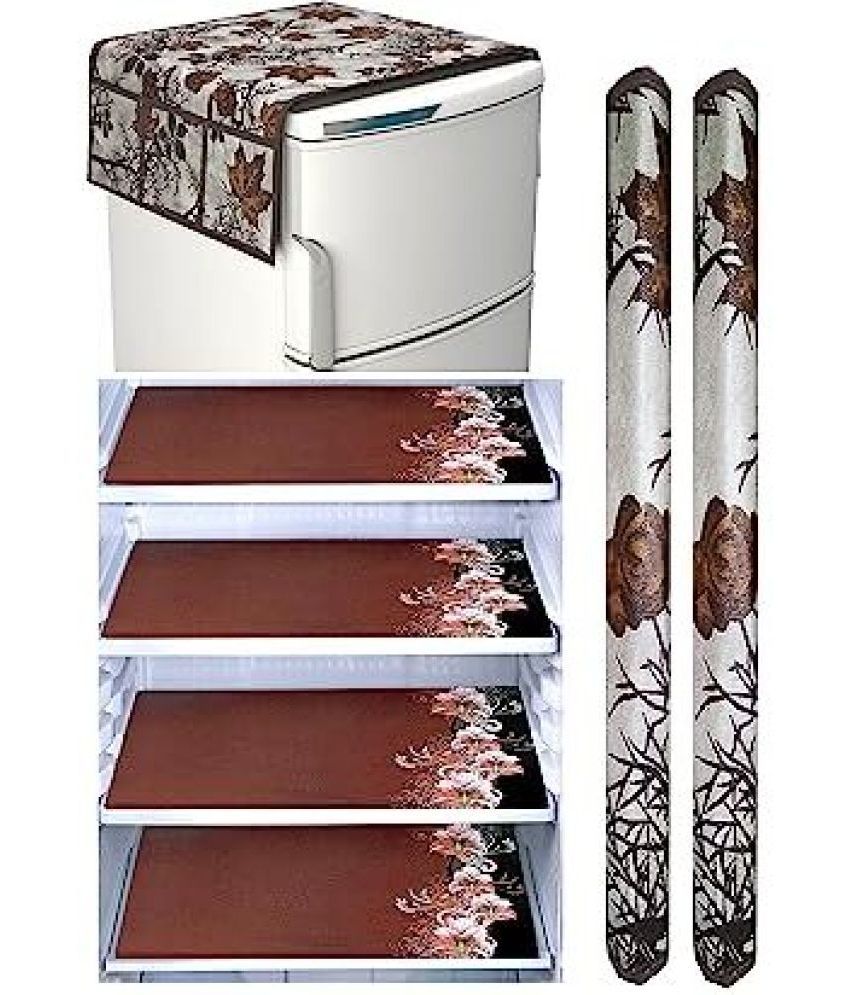     			Crosmo Polyester Floral Printed Fridge Mat & Cover ( 64 18 ) Pack of 7 - Beige