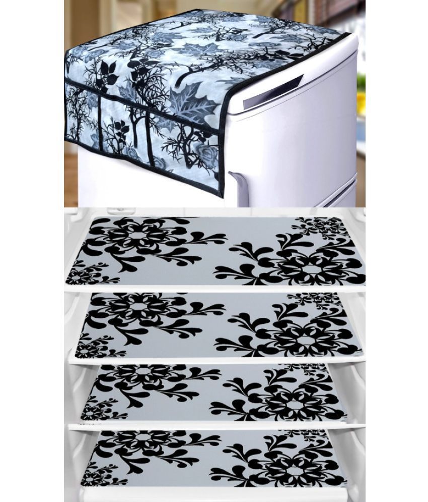     			Crosmo Polyester Floral Printed Fridge Mat & Cover ( 64 18 ) Pack of 4 - Black