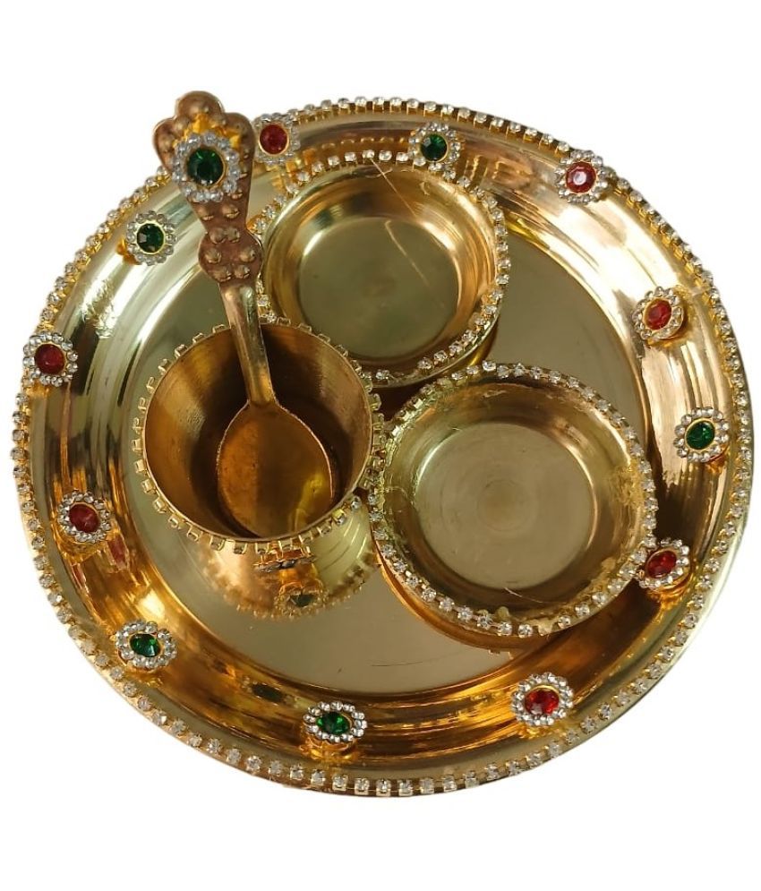     			Golden Brass Pooja Bhog Thali with 2 Bowls, 1 Spoon & 1 Glass, Home, Temple Use - Gift for Pooja Ceremonies