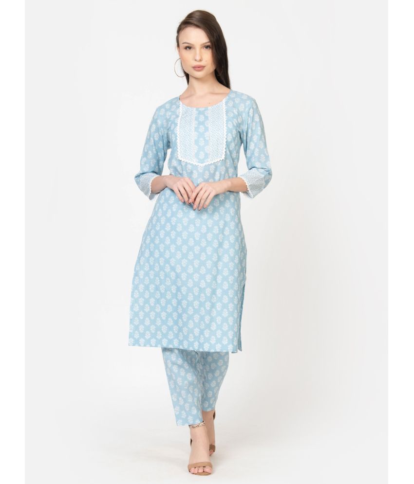     			Vyom Tara Cotton Printed Kurti With Pants Women's Stitched Salwar Suit - Light Blue ( Pack of 1 )