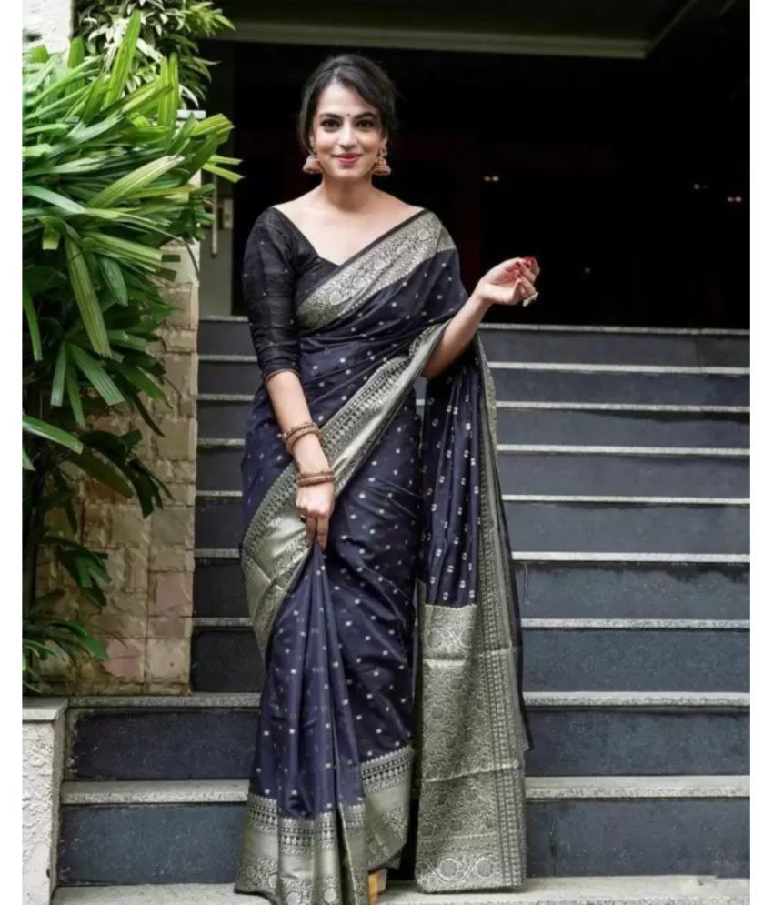     			Aadvika Banarasi Silk Printed Saree With Blouse Piece - Black ( Pack of 1 )