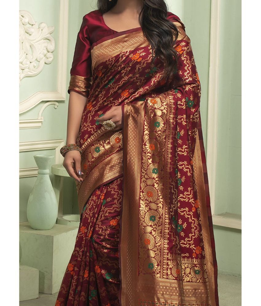     			Aadvika Banarasi Silk Printed Saree With Blouse Piece - Maroon ( Pack of 1 )