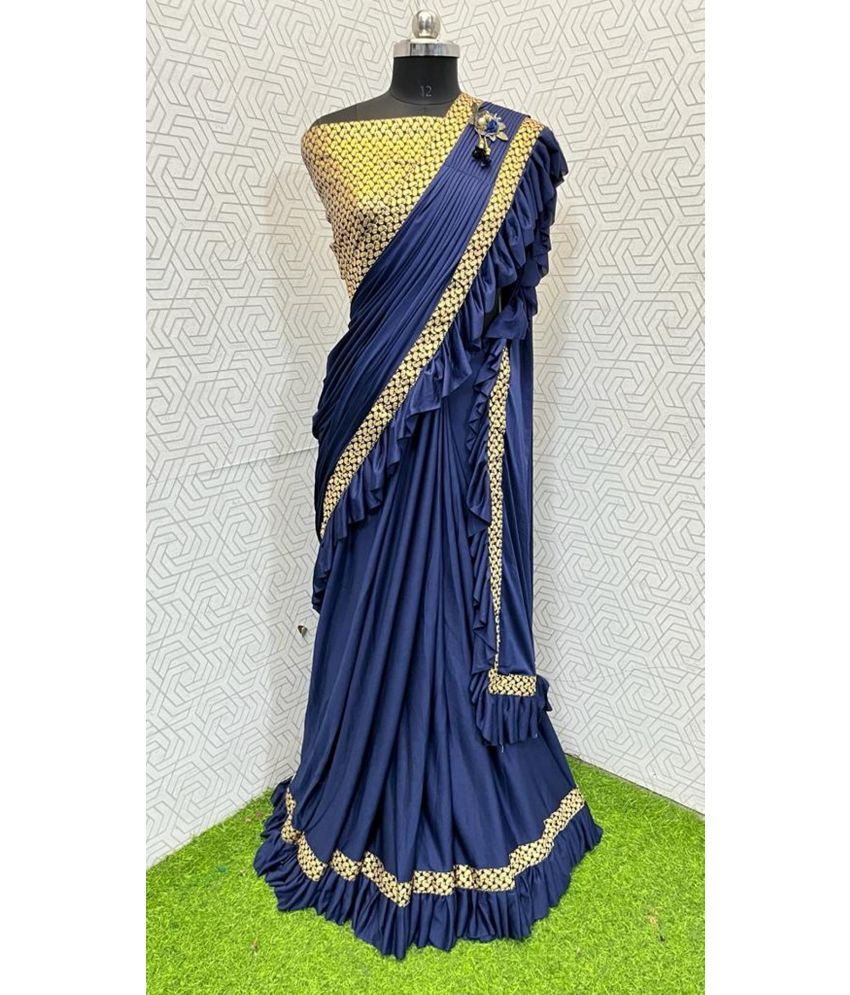     			Aika Lycra Embellished Saree With Blouse Piece - Navy Blue ( Pack of 1 )