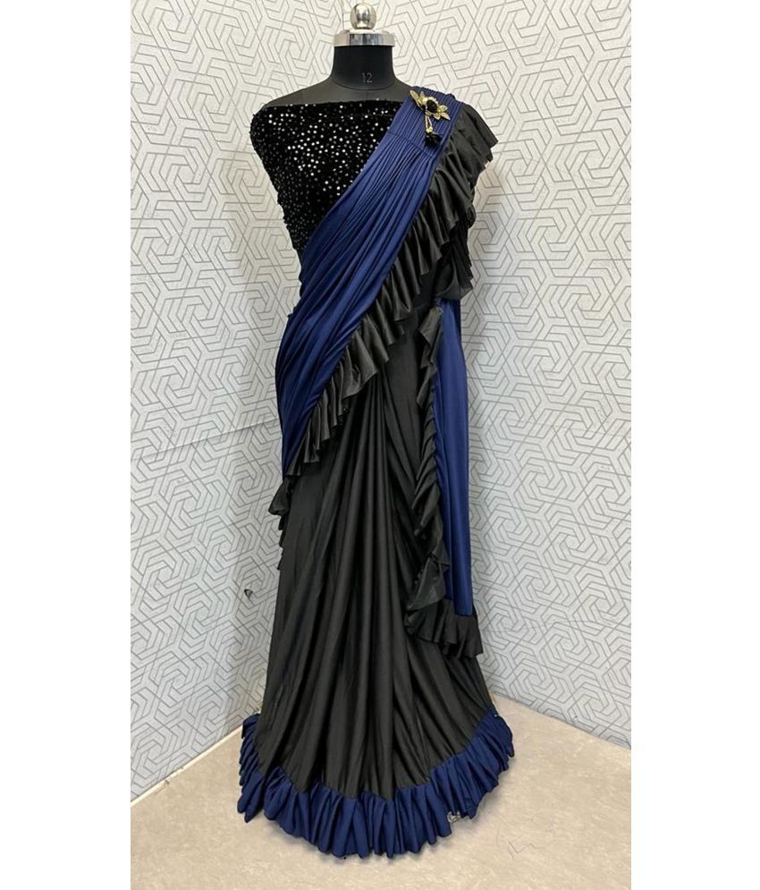     			Aika Lycra Embellished Saree With Blouse Piece - Navy Blue ( Pack of 1 )