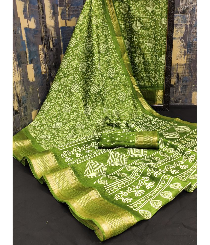     			HEMA SILK MILLS Cotton Silk Printed Saree With Blouse Piece - Olive ( Pack of 1 )
