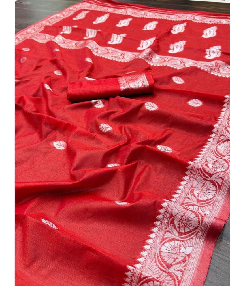     			JULEE Jacquard Embellished Saree With Blouse Piece - Red ( Pack of 1 )