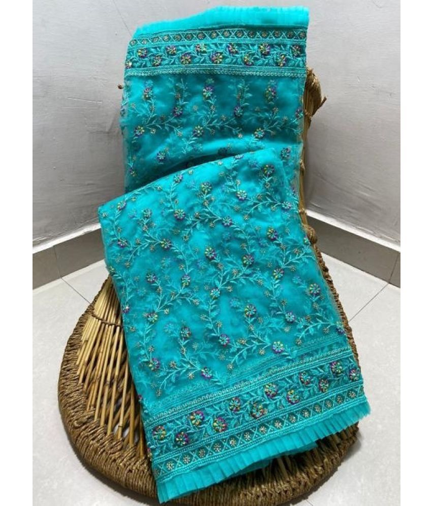     			JULEE Net Embellished Saree With Blouse Piece - SkyBlue ( Pack of 1 )