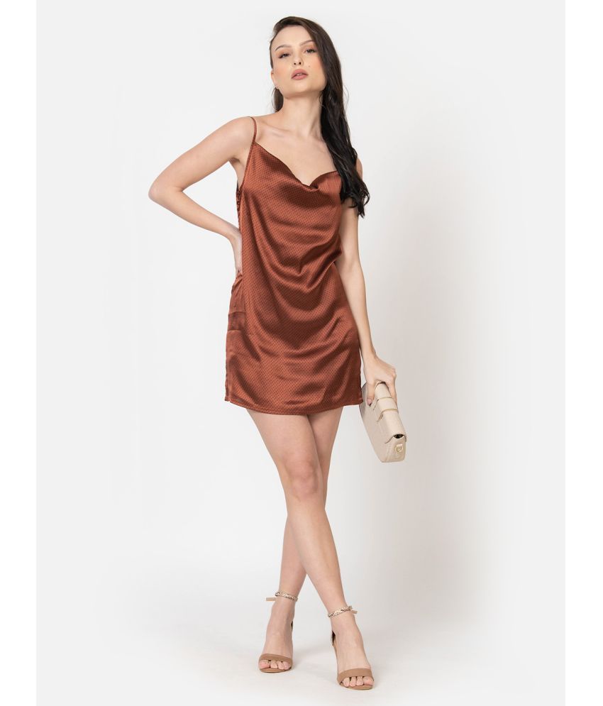     			June 9 Clothing Satin Printed Mini Women's Shift Dress - Brown ( Pack of 1 )