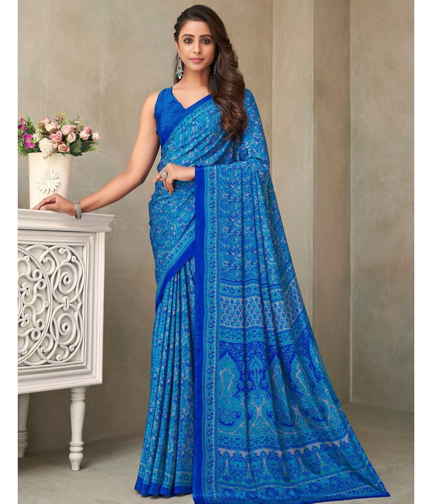     			Samah Crepe Printed Saree With Blouse Piece - Blue ( Pack of 1 )