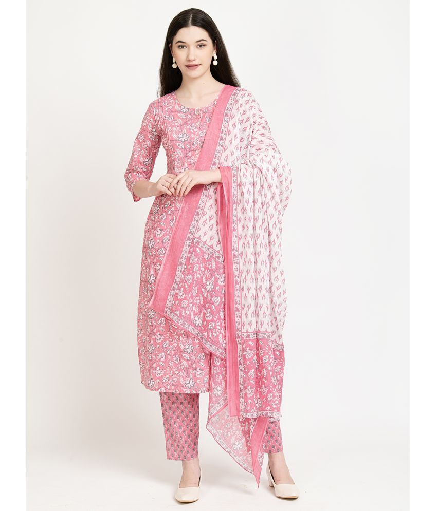     			Vyom Tara Cotton Printed Kurti With Pants Women's Stitched Salwar Suit - Pink ( Pack of 1 )