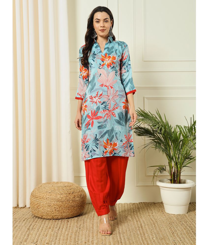    			gufrina Polyester Printed Kurti With Pants Women's Stitched Salwar Suit - Light Blue ( Pack of 1 )