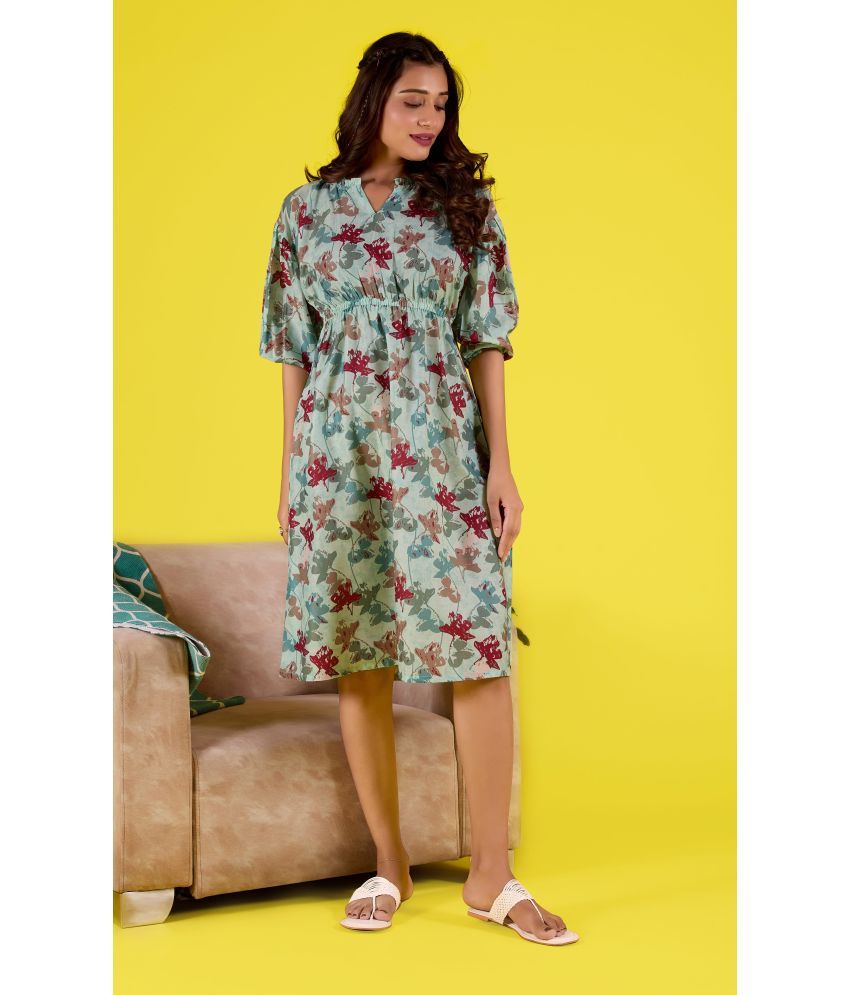     			Amarasha Cotton Blend Printed Knee Length Women's Fit & Flare Dress - Green ( Pack of 1 )