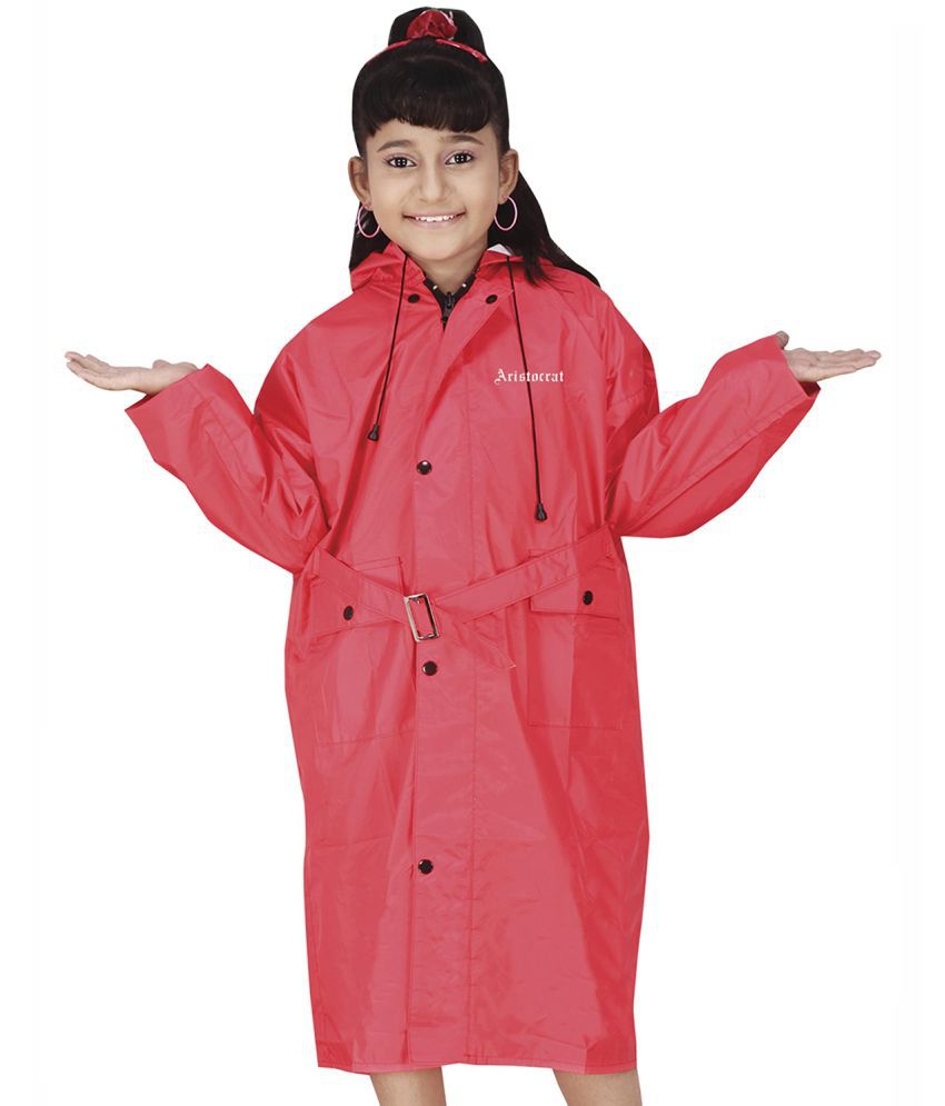     			Aristocrat Rainwear Girls Knee Length Waterproof Red Raincoat with Hood | Kids Washable Barsati Rainwear with Two Front Pockets and School Bag Space
