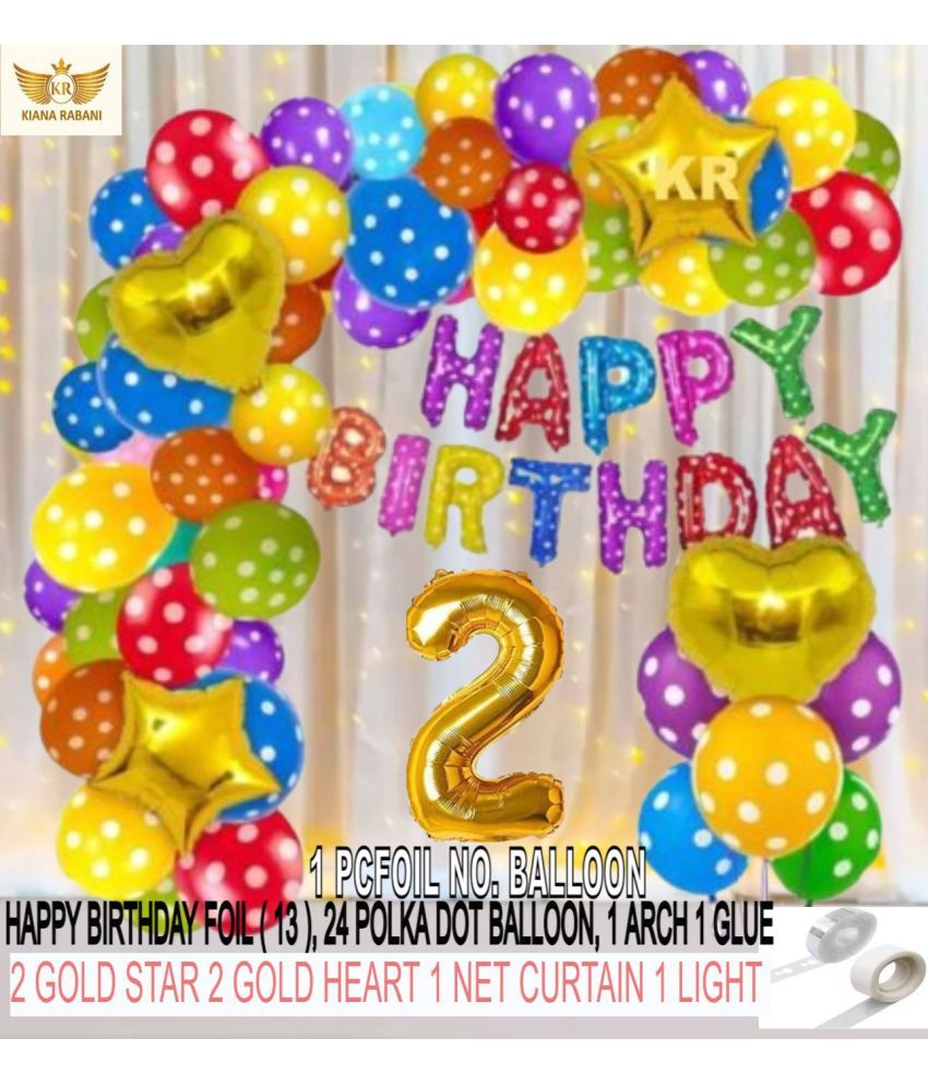     			KR 2ND HAPPY BIRTHDAY PARTY DECORATION WITH HAPPY BIRTHDAY MULTI DOT, 24 POLKA DOT BALLOON 1 ARCH 1 GLUE 2 GOLD STAR 2 GOLD HEART, 1 NET CURTAIN 1 LIGHT 2 NO. GOLD FOIL BALLOON