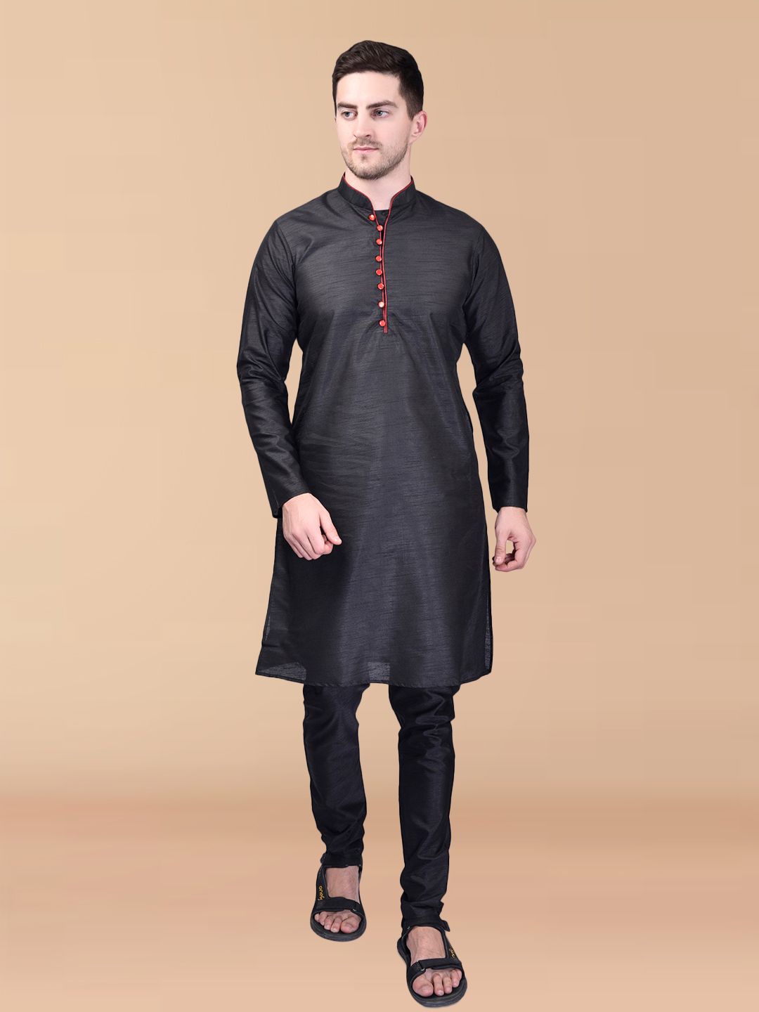     			PRINTCULTR Black Silk Regular Fit Men's Kurta Pyjama Set ( Pack of 1 )