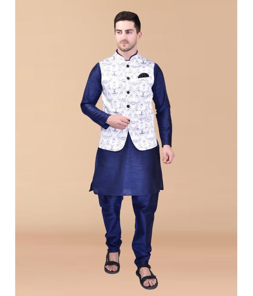     			PRINTCULTR Blue Silk Regular Fit Men's Kurta Pyjama Set ( Pack of 1 )