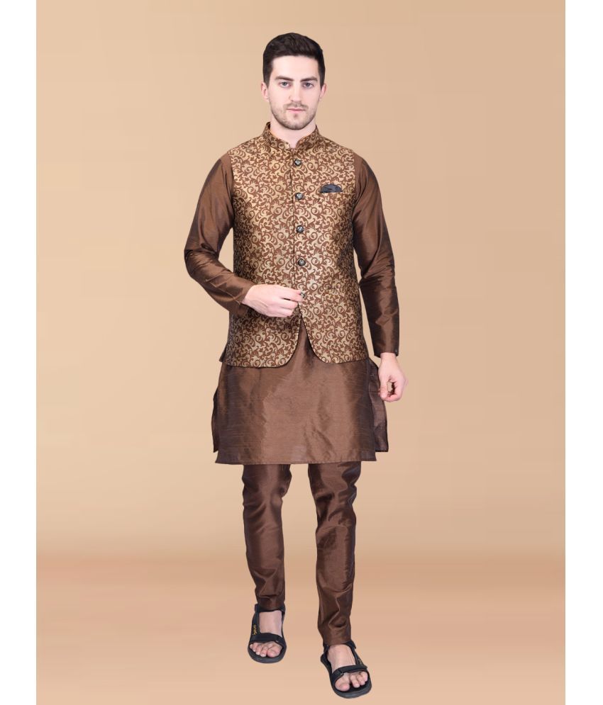     			PRINTCULTR Brown Silk Regular Fit Men's Kurta Pyjama Set ( Pack of 1 )