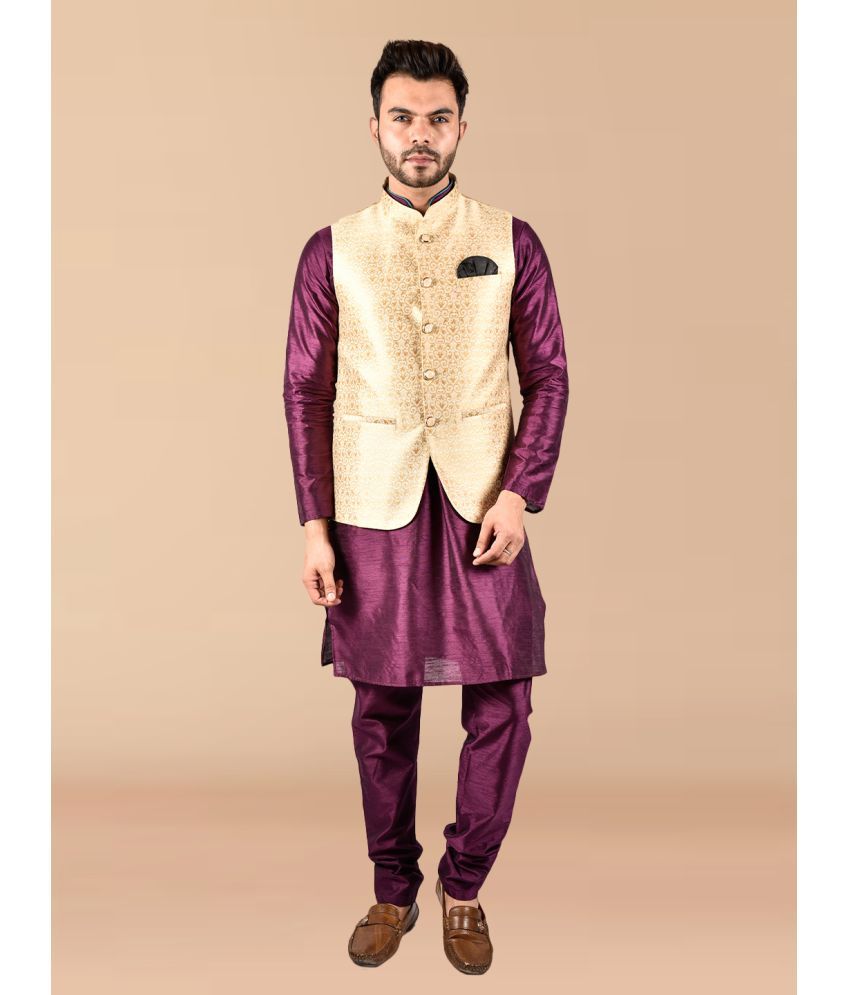     			PRINTCULTR Purple Silk Regular Fit Men's Kurta Pyjama Set ( Pack of 1 )