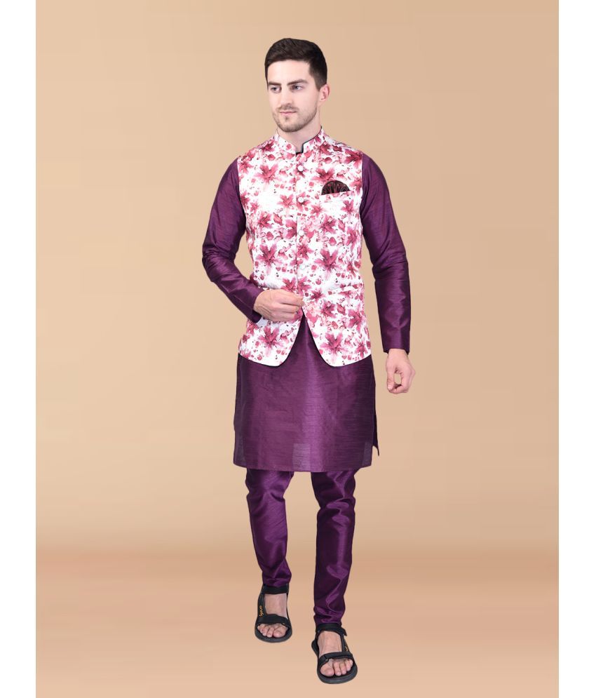     			PRINTCULTR Purple Silk Regular Fit Men's Kurta Pyjama Set ( Pack of 1 )