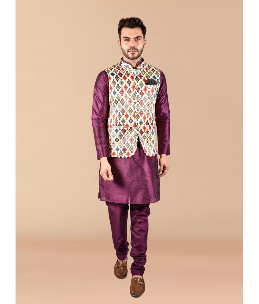     			PRINTCULTR Purple Silk Regular Fit Men's Kurta Pyjama Set ( Pack of 1 )