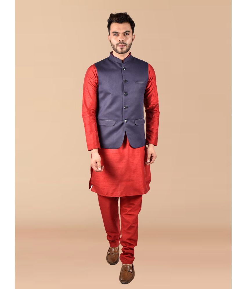     			PRINTCULTR Red Silk Regular Fit Men's Kurta Pyjama Set ( Pack of 1 )