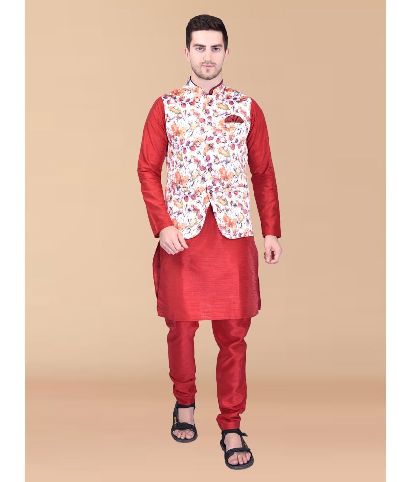     			PRINTCULTR Red Silk Regular Fit Men's Kurta Pyjama Set ( Pack of 1 )