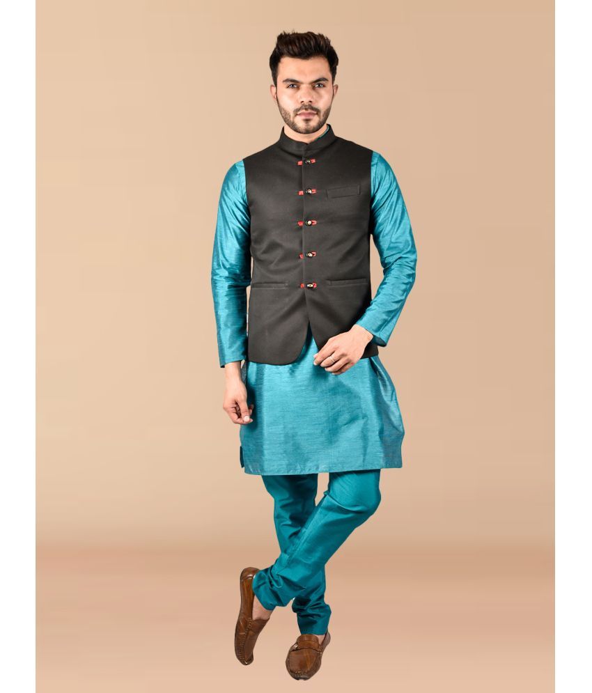     			PRINTCULTR Sky Blue Silk Regular Fit Men's Kurta Pyjama Set ( Pack of 1 )