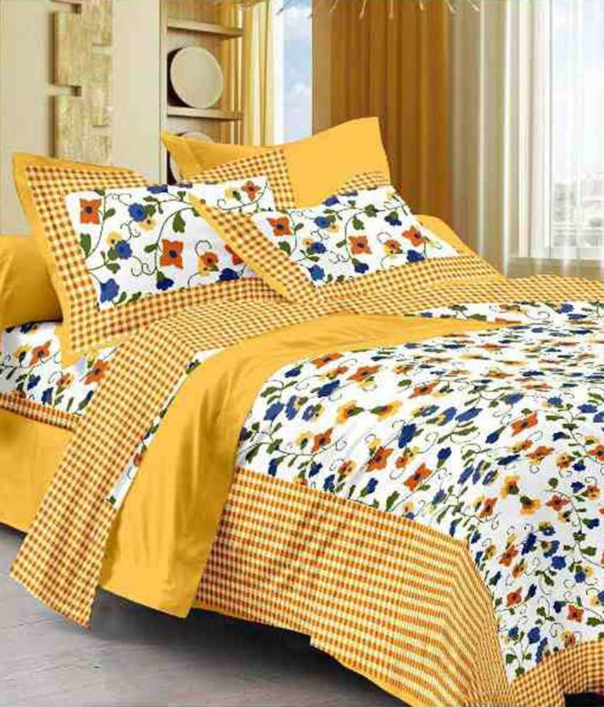     			Poorak Cotton Abstract Printed 1 Double Bedsheet with 2 Pillow Covers - Yellow