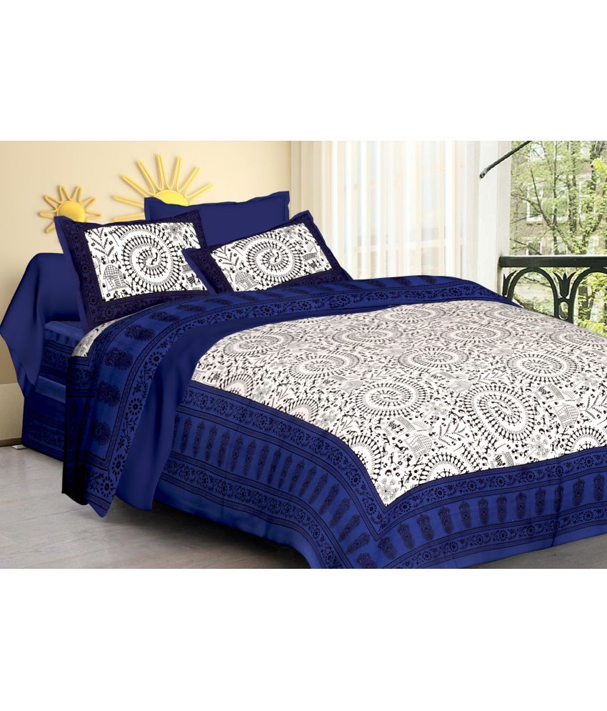     			Poorak Cotton Abstract Printed 1 Double Bedsheet with 2 Pillow Covers - Blue