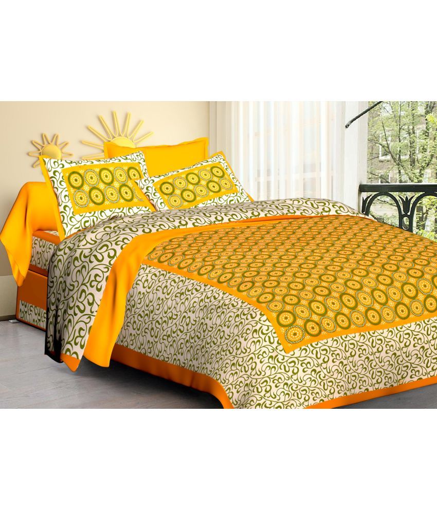     			Poorak Cotton Abstract Printed 1 Double Bedsheet with 2 Pillow Covers - Yellow