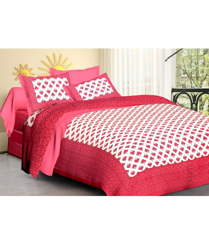     			Poorak Cotton Abstract Printed 1 Double Bedsheet with 2 Pillow Covers - Pink