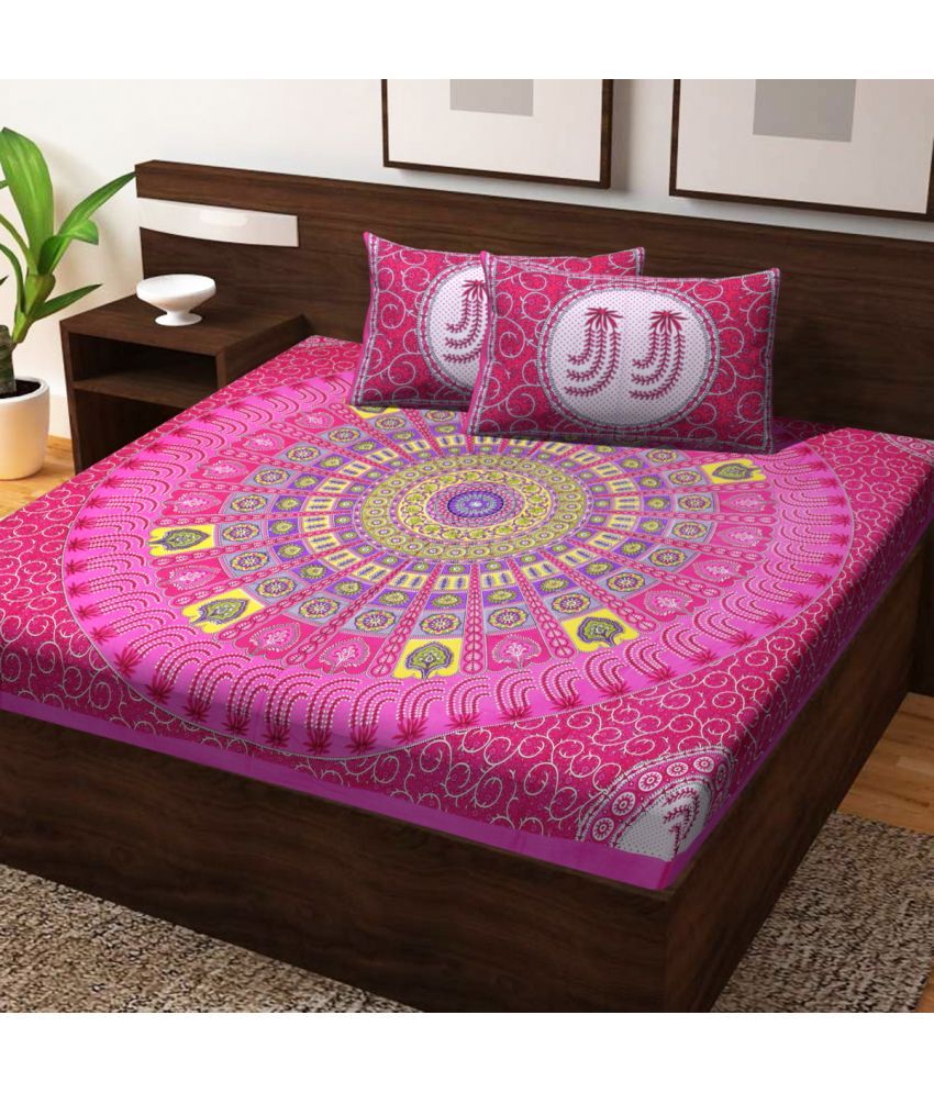     			Poorak Cotton Abstract Printed 1 Double Bedsheet with 2 Pillow Covers - Pink