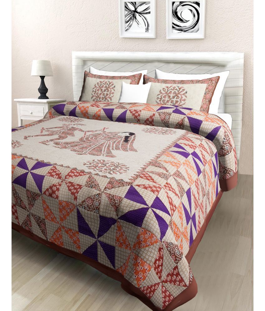     			Poorak Cotton Abstract Printed 1 Double Bedsheet with 2 Pillow Covers - Brown