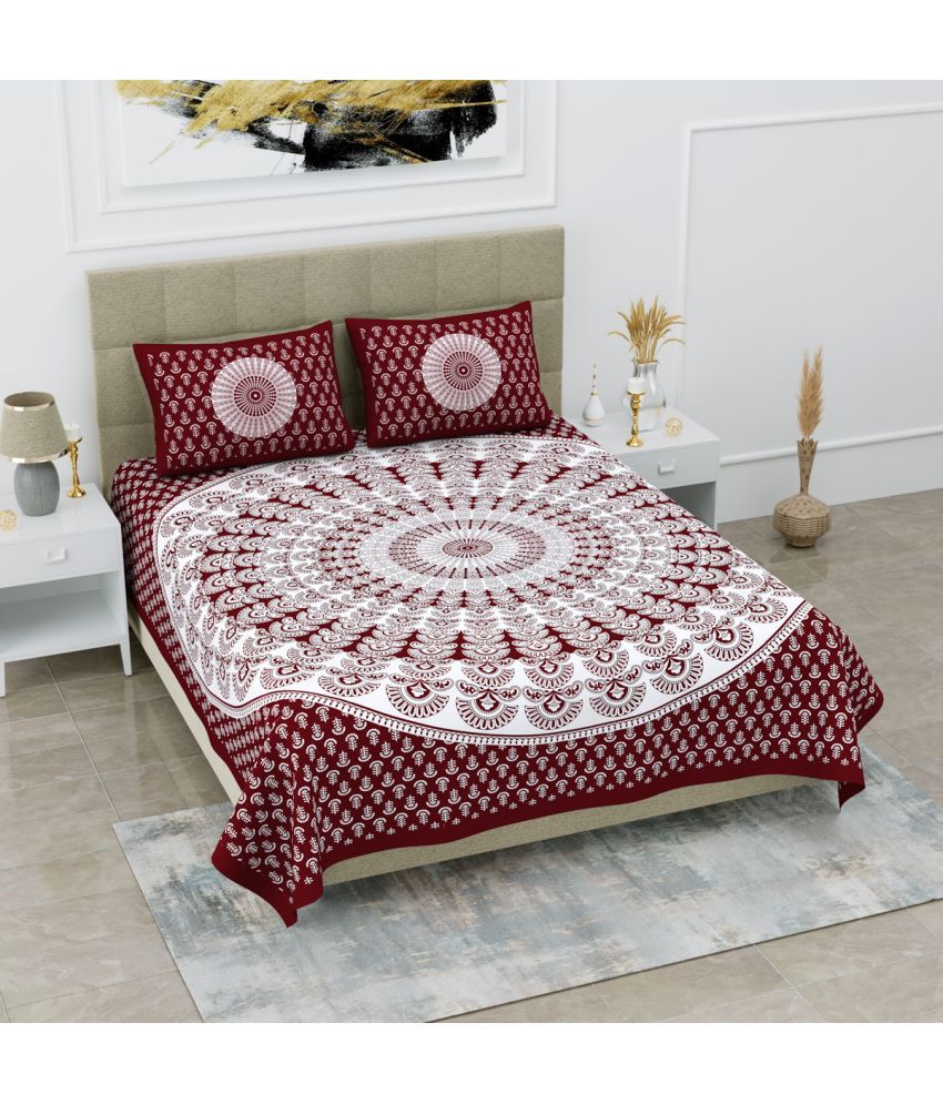     			Poorak Cotton Abstract Printed 1 Double Bedsheet with 2 Pillow Covers - Maroon