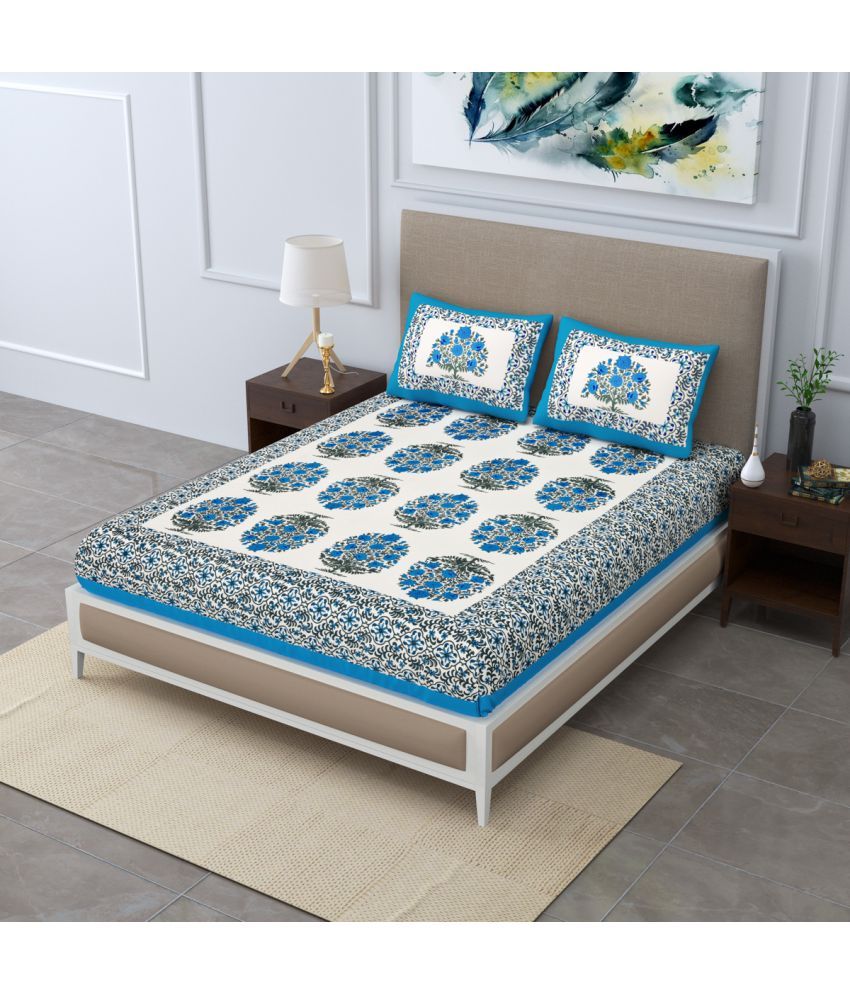     			Poorak Cotton Abstract Printed 1 Double Bedsheet with 2 Pillow Covers - Blue